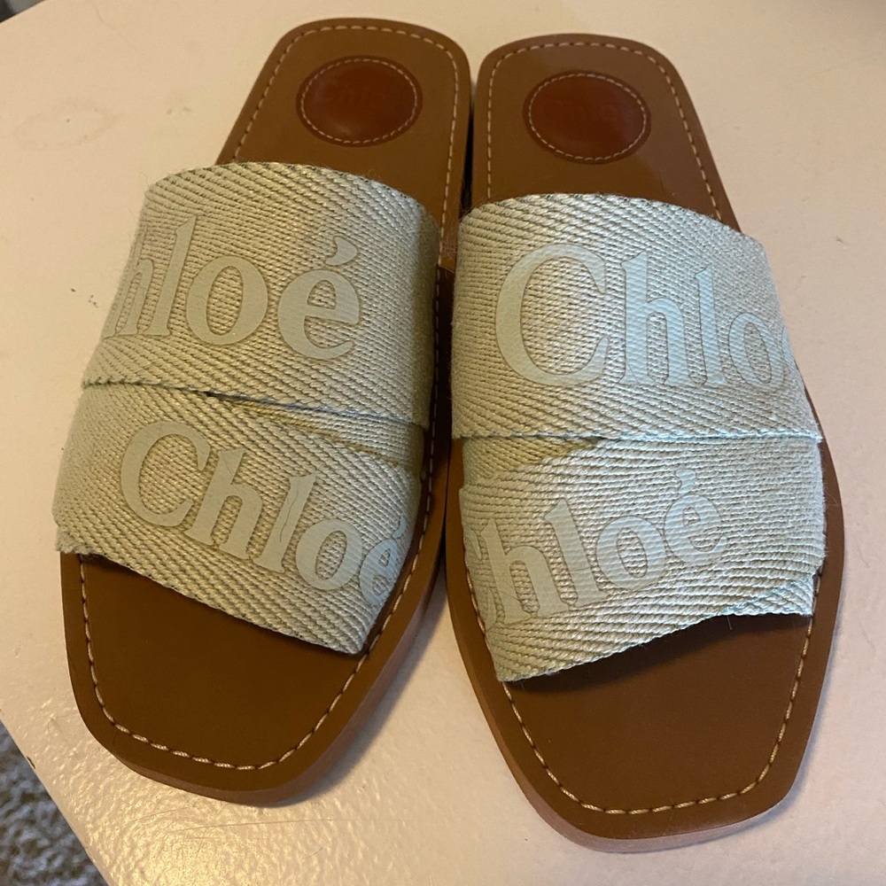 NEW: Chloe Woody Logo Slide Sandal Women. Hazy Green, size 6
